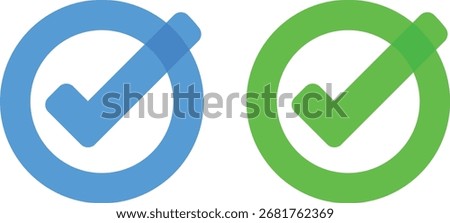 Approved and verified checkmark vector icons. Rounded green and blue checkmark symbols. Ok buttons.