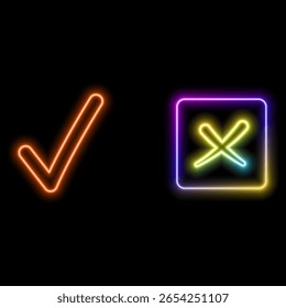Genehmigte und verifizierte markierte Box-Icon Outline style.neon Stil. Verifiziertes Produktqualitätssiegel, Neonstil..