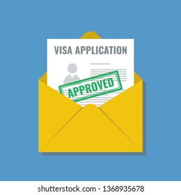 approved visa application in opened envelope, flat design