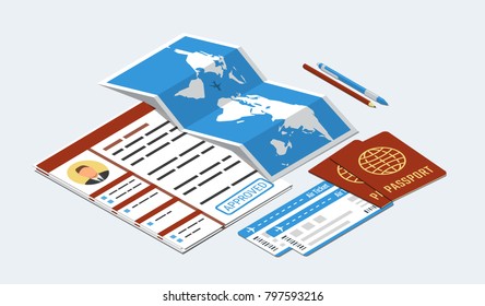 Approved visa form, passports, tickets, map, pen and pencil. Travel, immigration concept. Isometric vector illustration