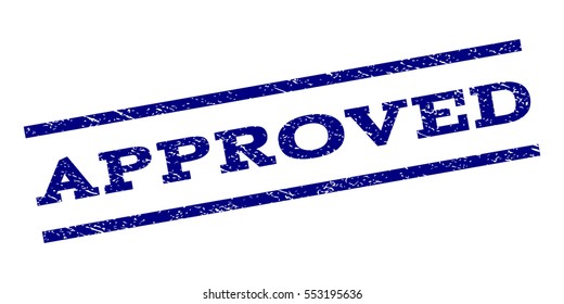 Approved watermark stamp. Text tag between parallel lines with grunge design style. Rubber seal stamp with scratched texture. Vector navy blue color ink imprint on a white background.