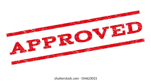 Approved watermark stamp. Text tag between parallel lines with grunge design style. Rubber seal stamp with unclean texture. Vector red color ink imprint on a white background.