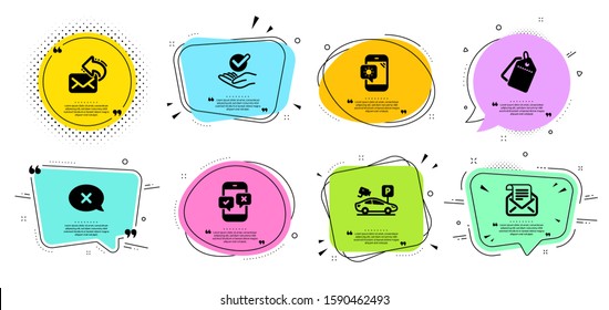 Approved, Weather phone and Parking security line icons set. Chat bubbles with quotes. Reject, Sale tags and Phone survey signs. Mail newsletter, Share mail symbols. Vector