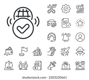 Approved web access sign. Salaryman, gender equality and alert bell outline icons. Verified internet line icon. Confirmed connection symbol. Verified internet line sign. Vector