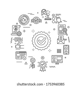 Approved web banner. Infographics with linear icons on white background. Creative idea concept. Isolated outline black illustration