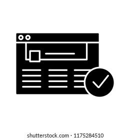 Approved website glyph icon. Web page. Successful login. Silhouette symbol. Negative space. Authorization. Web site with check mark. Web browser verification. Vector isolated illustration