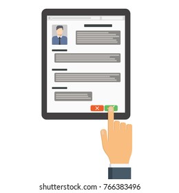 Approved to work. Employer on the tablet looking resume. Job interview concept. Businessman estimates cv. Vector illustration in flat design. Human resources.