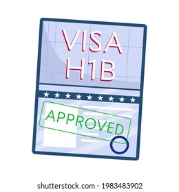 Visa americana de trabajo aprobada, vista superior, aislada en un fondo blanco. Visa H1B. Ilustración vectorial en un estilo plano
