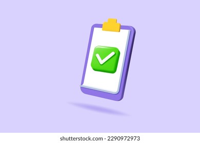 Approvement, exam, clipboard, mark icon. Task management todo check list. 3d realistic vector illustration.
