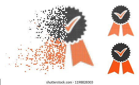Approvement icon in dissolving, pixelated halftone and undamaged entire variants. Pixels are composed into vector dissolving approvement pictogram. Disintegration effect involves square pixels.