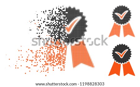 Approvement icon in dissolving, pixelated halftone and undamaged entire variants. Pixels are composed into vector dissolving approvement pictogram. Disintegration effect involves square pixels.