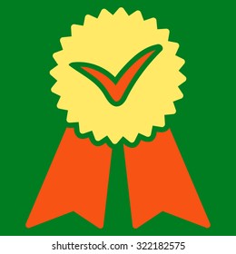 Approvement vector icon. Style is bicolor flat symbol, orange and yellow colors, rounded angles, green background.