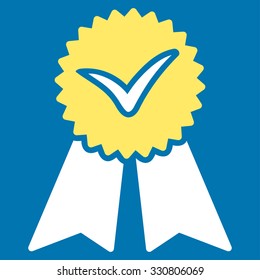Approvement vector icon. Style is bicolor flat symbol, yellow and white colors, rounded angles, blue background.