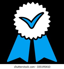 Approvement vector icon. Style is bicolor flat symbol, blue and white colors, rounded angles, black background.