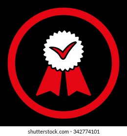 Approvement vector icon. Style is bicolor flat rounded symbol, red and white colors, rounded angles, black background.