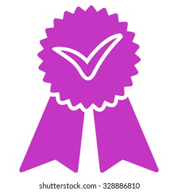 Approvement vector icon. Style is flat symbol, violet color, rounded angles, white background.