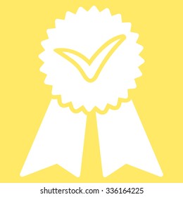 Approvement vector icon. Style is flat symbol, white color, rounded angles, yellow background.