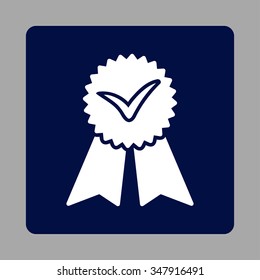 Approvement vector icon. Style is flat rounded square button, white and dark blue colors, silver background.