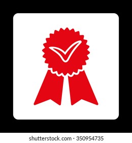 Approvement vector icon. Style is flat rounded square button, red and white colors, black background.