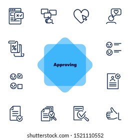 Approving line icon set. Like, document, emoticon. Customer satisfaction concept. Can be used for topics like feedback, rating, results