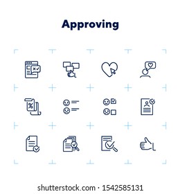 Approving line icon set. Like, document, emoticon. Customer satisfaction concept. Can be used for topics like feedback, rating, results