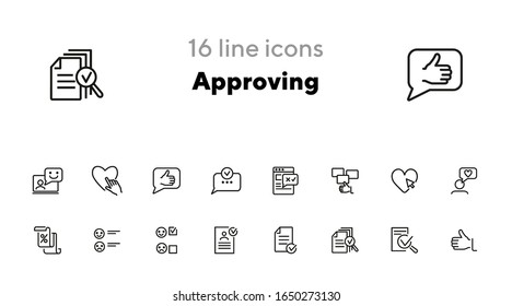 Approving line icon set. Like, document, emoticon. Customer satisfaction concept. Can be used for topics like feedback, rating, results