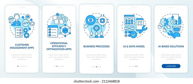 Apps created with low code platform blue onboarding mobile app screen. Web walkthrough 5 step graphic instructions pages with linear concepts. UI, UX, GUI template. Myriad Pro-Bold, Regular fonts used