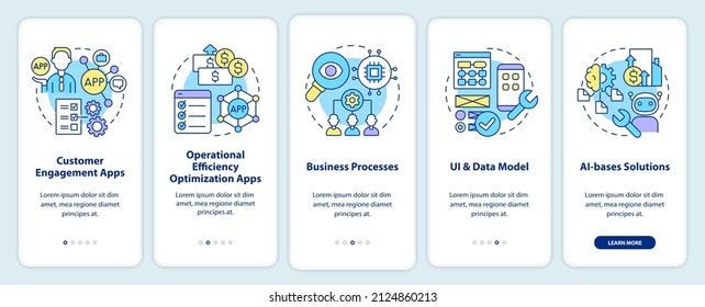 Apps created with low code platforms onboarding mobile app screen. Web walkthrough 5 steps graphic instructions pages with linear concepts. UI, UX, GUI template. Myriad Pro-Bold, Regular fonts used