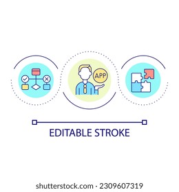 Apps development loop concept icon. Artificial intelligence for decision making. Digitization abstract idea thin line illustration. Isolated outline drawing. Editable stroke. Arial font used