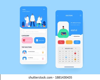 Apps with Doctor details, booking, select date, edit profile, appointment details. Mobile application template. UI, UX, GUI design elements.