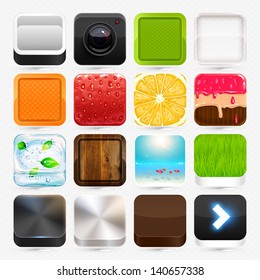 Apps icon set: strawberry, orange, camera, cake, summer beach and ice, wood and steel textures, colorful frames.