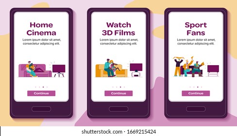 Apps interfaces for home cinema and sports broadcasting, vector illustration.