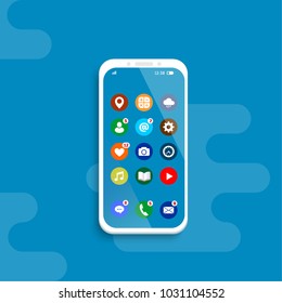 Apps on the smartphone screen. Social media communication on the Internet.
Vector illustration.
