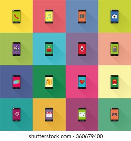 Apps on smartphones. Collection of mobile applications on smart phones flat design icons