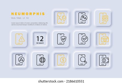 Apps des Telefonset-Icons. Navigator, Übersetzer, Taschenrechner, Sicherheitssystem, Schild, Antivirus, Kamera, Lage, Internet, Lupe, Banking. Technologiekonzept. Neomorphismus. Vektorliniensymbol.