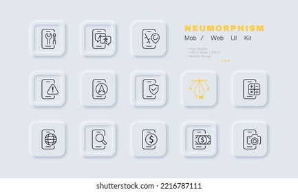 Icono de aplicaciones para el conjunto de teléfonos. Traductor, configuración, navegador, advertencia, ubicación, sistema de seguridad, escudo, calculadora, Internet, búsqueda, banca. Concepto tecnológico. Estilo neomorfista. Icono de línea del vector.