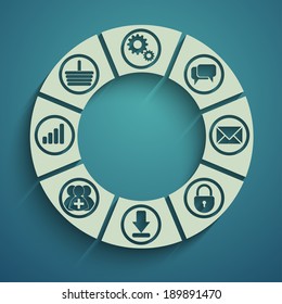 apps processing concept background with icons: lock, gears, raitings, basket, bubbles, mail, downloads, social network group