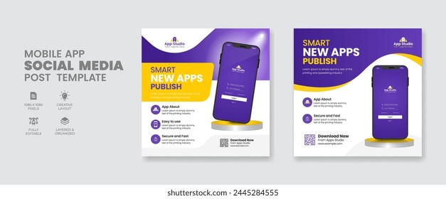 Apps promotion social media post and web banner template with smartphone mock up vector illustration. Corporate Business advertisement cover banner design layout. 3D Ads, web banner