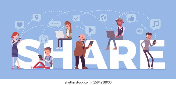 Apps to share data files and games with friends. Giant letters, group of diverse people with smartphone, laptop, computer, tablet use application to communicate. Vector flat style cartoon illustration