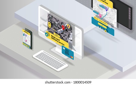 The app's user interface with a map of the city on the screens of the device in isometric view. Vector banner