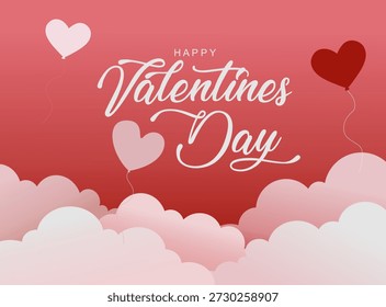 Feliz Día de San Valentín 2026 Fondo romántico con letras a mano y corazones. Fondo rosa y rojo suave del día de San Valentín con tipografía elegante con letras a mano, globos de corazón flotantes y nubes. Perfecto para tarjetas de felicitación, carteles, redes sociales y mensajes de amor.