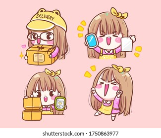 appy girl merchant cartoon cute with mobile box delivery Online shopping
icon logo  Premium Hand drawn vector illustration.