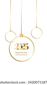 ¡Feliz Año Nuevo 2025! Colores elegantes y letras doradas. Bolas de Nochevieja.	