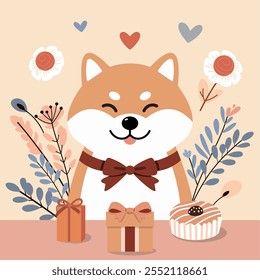 Happy Shiba Inu con regalos y flores - Ilustración vectorial para ocasiones festivas