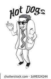 appy smiling man promoter character mascot dressed in hot dog suit. black and white vector illustration logo