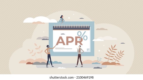 APR or annual percentage rate for credit card and loan tiny person concept. Bank financial interest to borrow money and investments vector illustration. Annual period charge plan for business company.