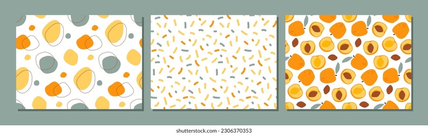 Apricot abstract background set. Three pattern collection. Seamless pattern hand drawn sketch in yellow, orange, agate green colors. Print for textile, wrapping, wallpaper, cover. Modern color design