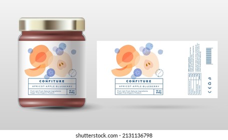 Apricot, apple and blueberry confiture. Sweet jam. Transparent slices, halves and cut fruits. Label and packaging simple design.