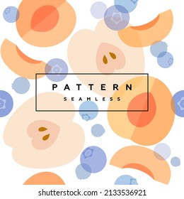 Apricot, apple and blueberry seamless pattern. Fruits and berries background. Transparent berries, fruits and frame with text is on separate layer.