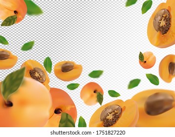 Apricot background. Fresh apricot with green leaf on transparent background. 3D realistic fruits. Falling apricot. Nature product. Vector illustration. Vector illustration